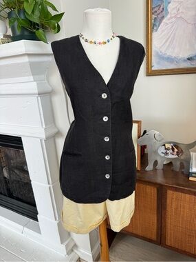 Vintage 100% Linen Black Button-Front Vest